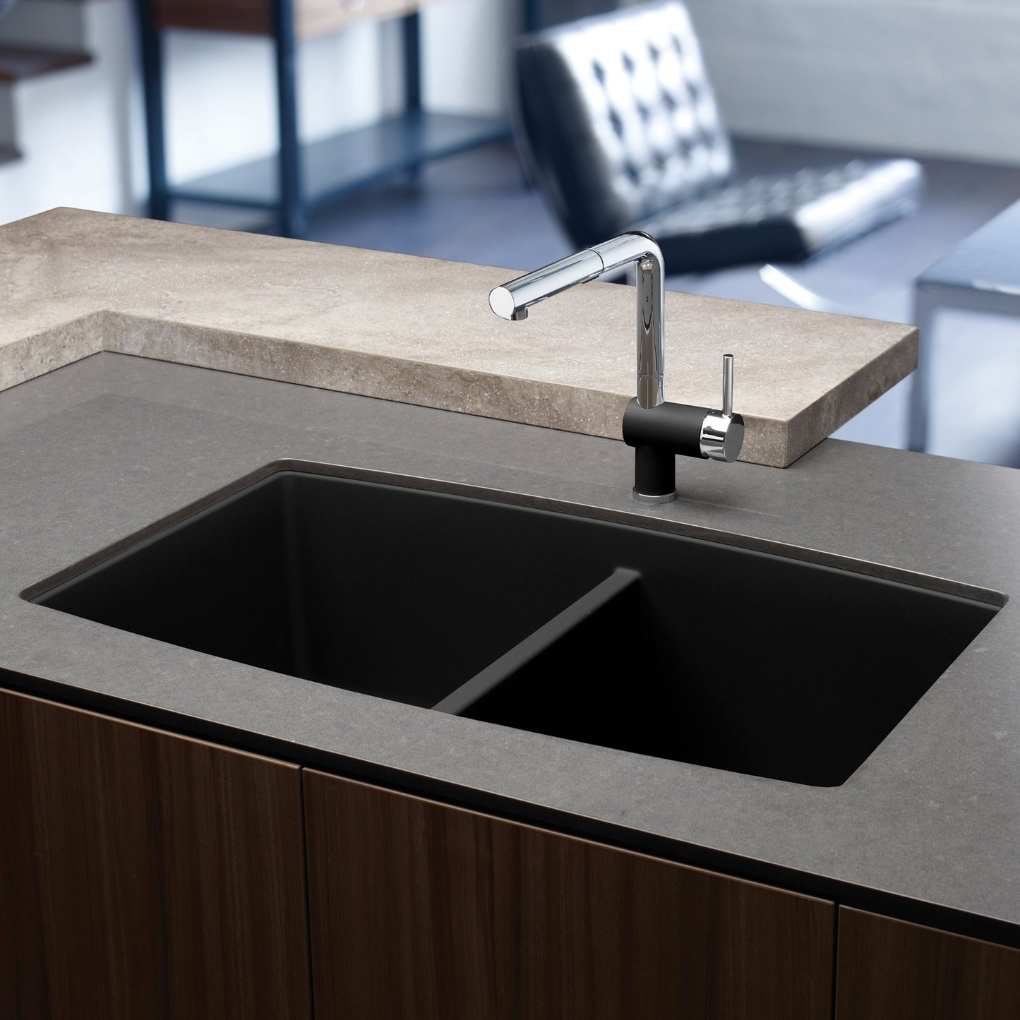 BLANCO Performa SILGRANIT 33" 50/50 Double Bowl Undermount Kitchen Sink with modern faucet and countertop.