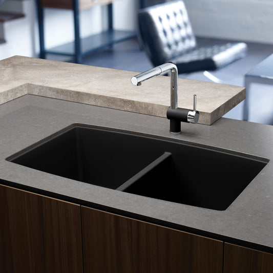 BLANCO Performa SILGRANIT 33" 50/50 Double Bowl Undermount Kitchen Sink with modern faucet and countertop.