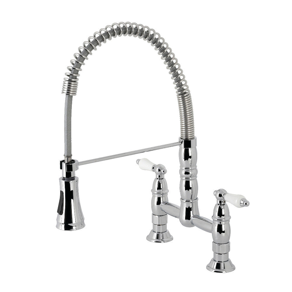 Gourmetier GS1273PL Heritage Double-Handle Deck-Mount Pre-Rinse Bridge Kitchen Faucet, Antique Brass in polished chrome finish.