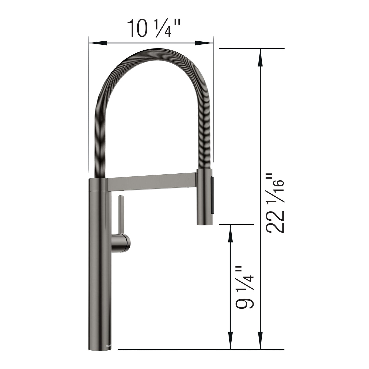 BLANCO Culina II Semi-Pro Pull-Down Dual-Spray Kitchen Faucet dimensions diagram showcasing height and reach.