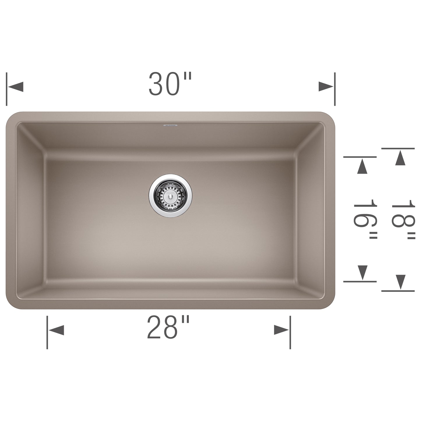 BLANCO Precis SILGRANIT 30" Single Bowl Undermount Kitchen Sink dimensions, 30" x 28" x 18" for modern kitchens.