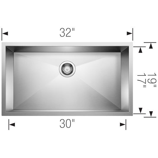 BLANCO Precision R0 32" Super Single Bowl Undermount Stainless Steel Kitchen Sink dimensions 32" x 19" overview.