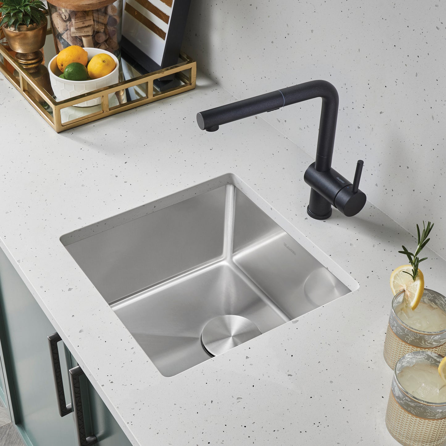 BLANCO Cuvee R15 17" Undermount Stainless Steel Bar Sink installed in modern countertop with stylish faucet.