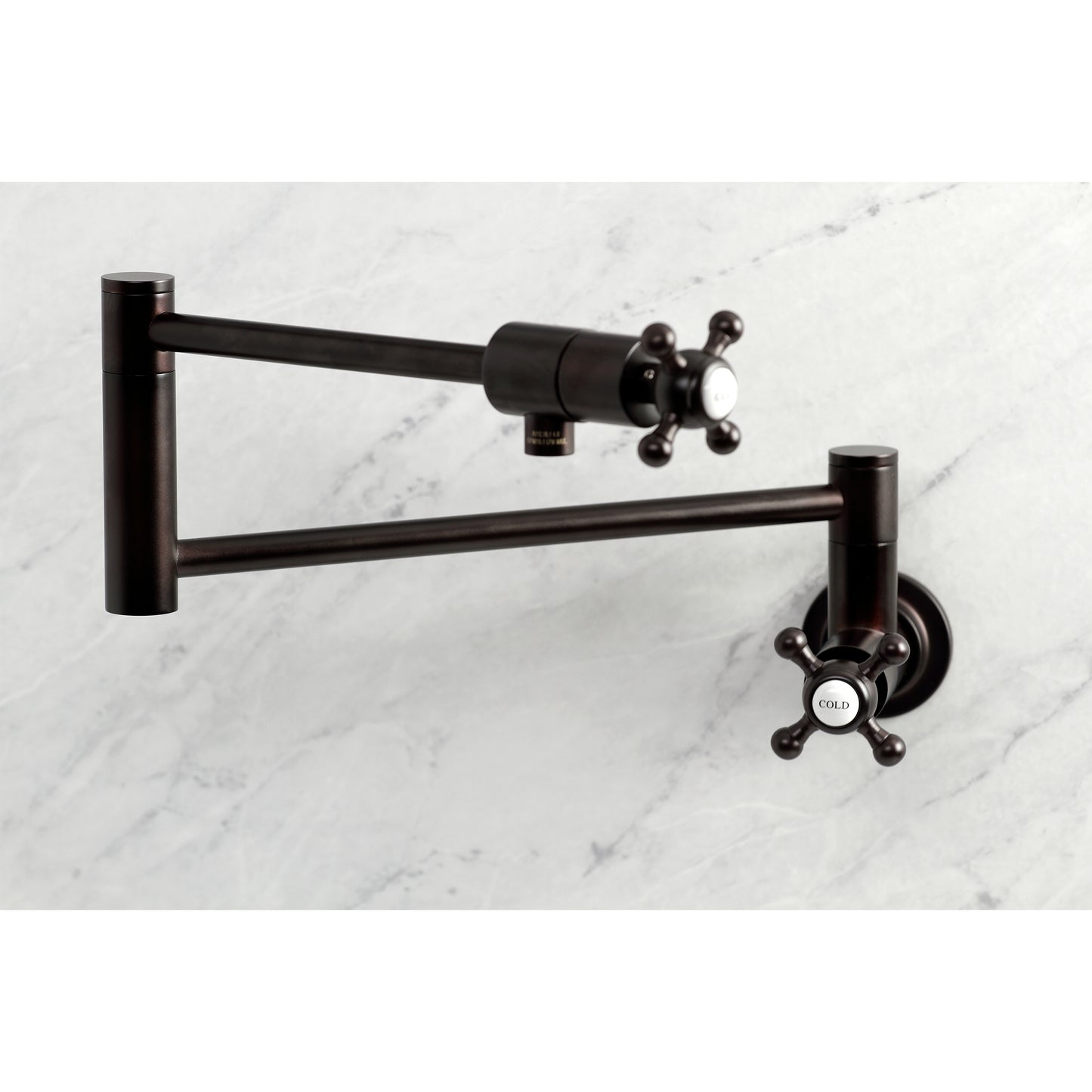 Kingston Brass KS4103BX Metropolitan Wall Mount Pot Filler Faucet, Antique Brass, with folding swing arms for easy access.