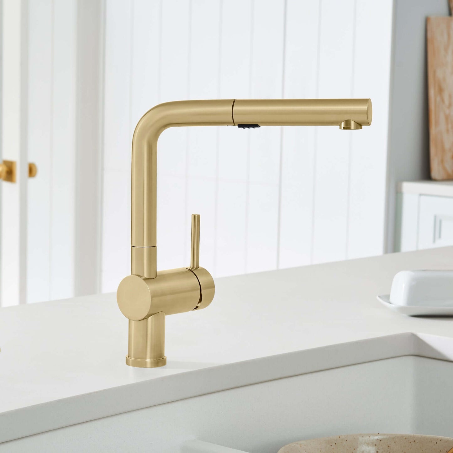 BLANCO Linus Low Arc Pull-Out Dual-Spray Kitchen Faucet - in a modern kitchen setting.