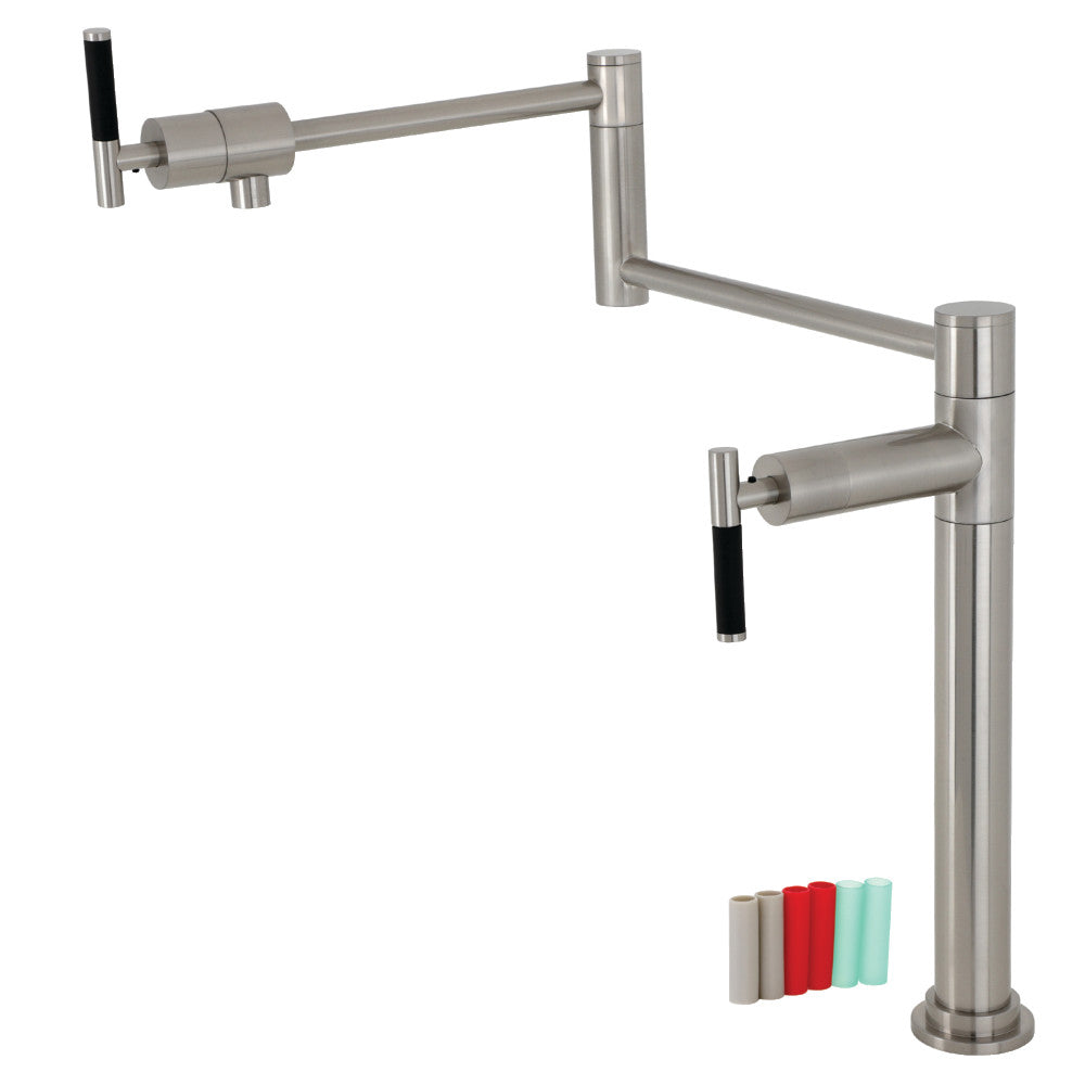 Kingston Brass KS4703CKL Kaiser Deck Mount Pot Filler Faucet, Antique Brass with ergonomic design and colored handles.