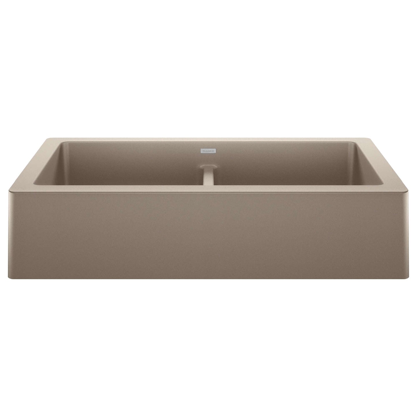 BLANCO VINTERA 33" SILGRANIT Double Bowl Farmhouse Sink in Truffle color, showing a contemporary farmhouse design.