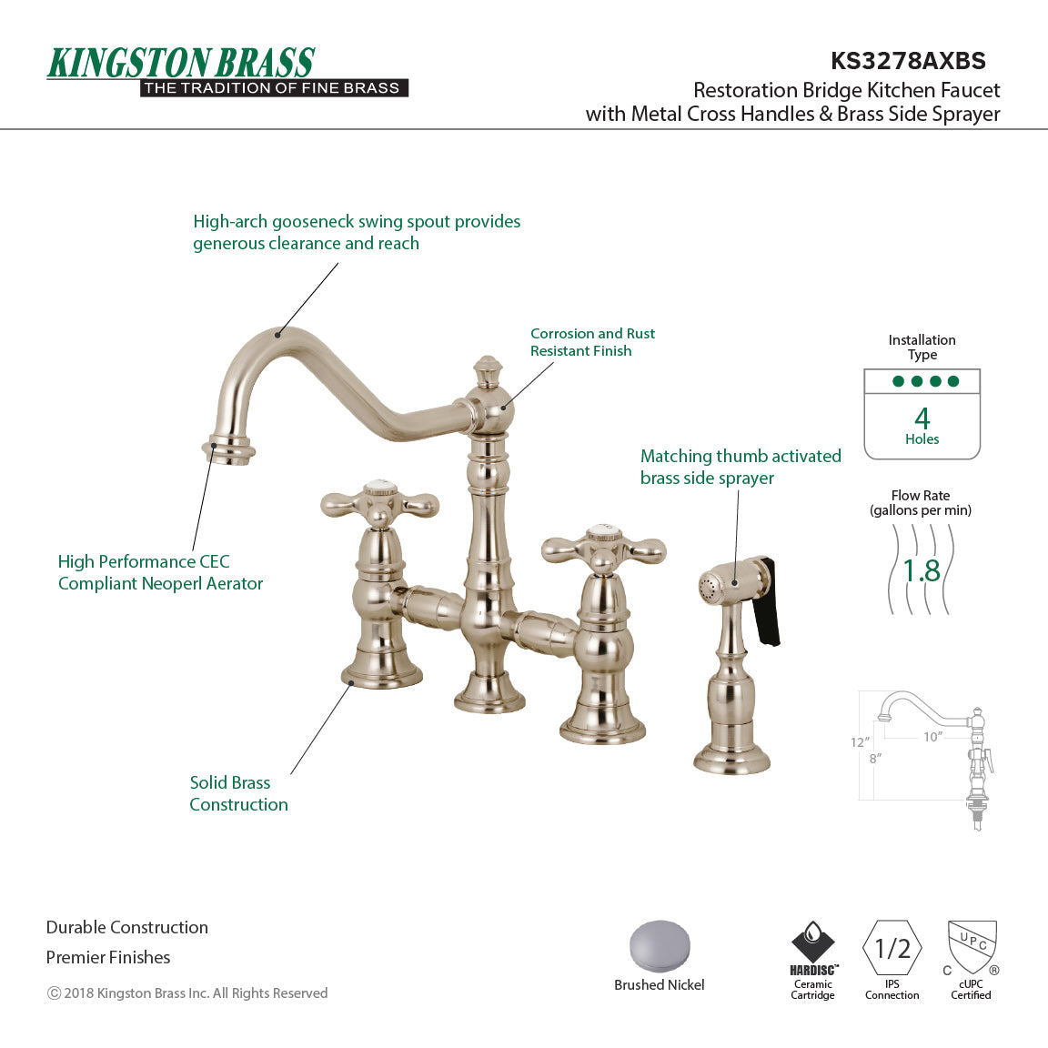 Kingston KS3277AXBS Restoration Bridge Kitchen Faucet with Brass Sprayer, Brushed Brass image showcasing solid brass construction and gooseneck design.