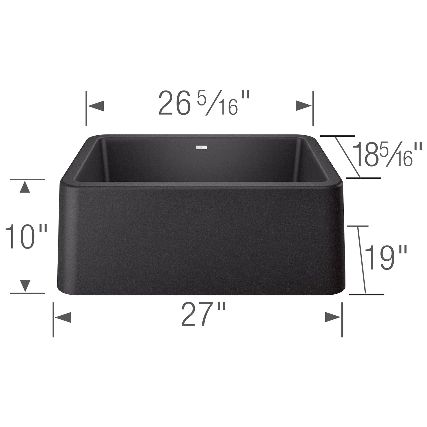 BLANCO Ikon SILGRANIT 27" Single Bowl Apron-Front Farmhouse Sink dimensions illustration