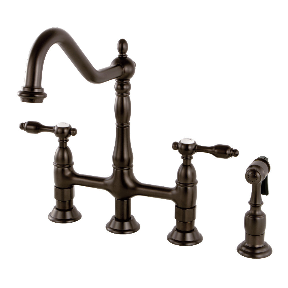 Kingston KS1273TALBS Tudor Bridge Kitchen Faucet with Brass Sprayer, Antique Brass in Oil Rubbed Bronze finish