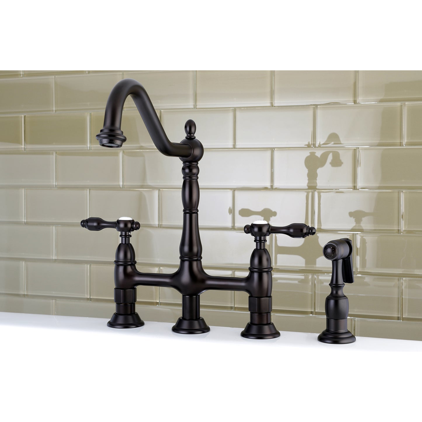 Kingston KS1273TALBS Tudor Bridge Kitchen Faucet with Brass Sprayer, Antique Brass