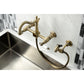Kingston KS1263PLBS Heritage Two-Handle Wall Mount Bridge Kitchen Faucet with Brass Sprayer, Antique Brass