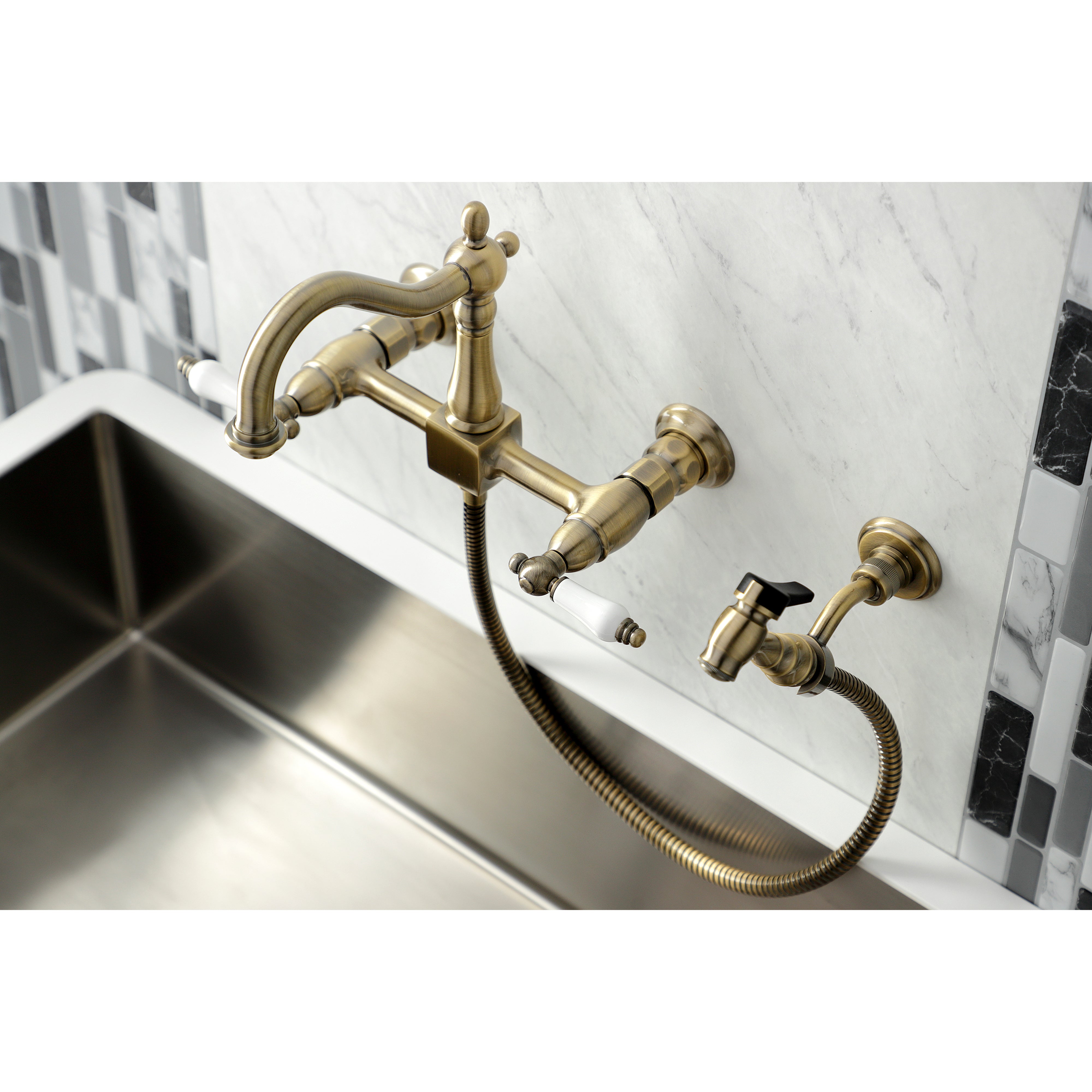 Kingston KS1263PLBS Heritage Two-Handle Wall Mount Bridge Kitchen Faucet with Brass Sprayer, Antique Brass
