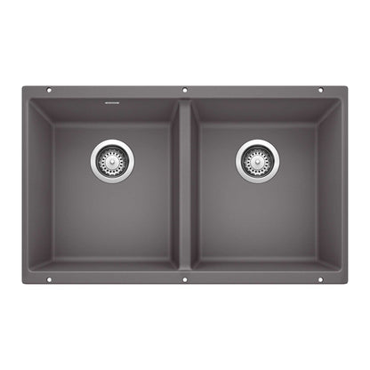 BLANCO Precis SILGRANIT 29" 50/50 Double Bowl Undermount Kitchen Sink in Cinder color with dual basins.