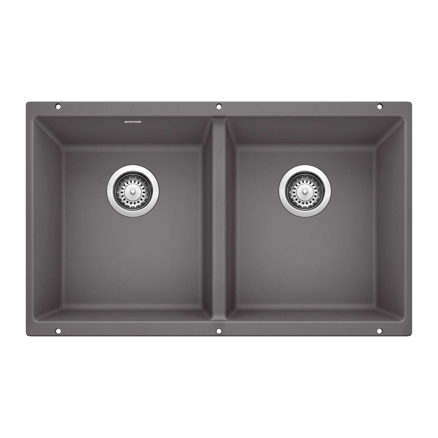 BLANCO Precis SILGRANIT 29" 50/50 Double Bowl Undermount Kitchen Sink in Cinder color with dual basins.