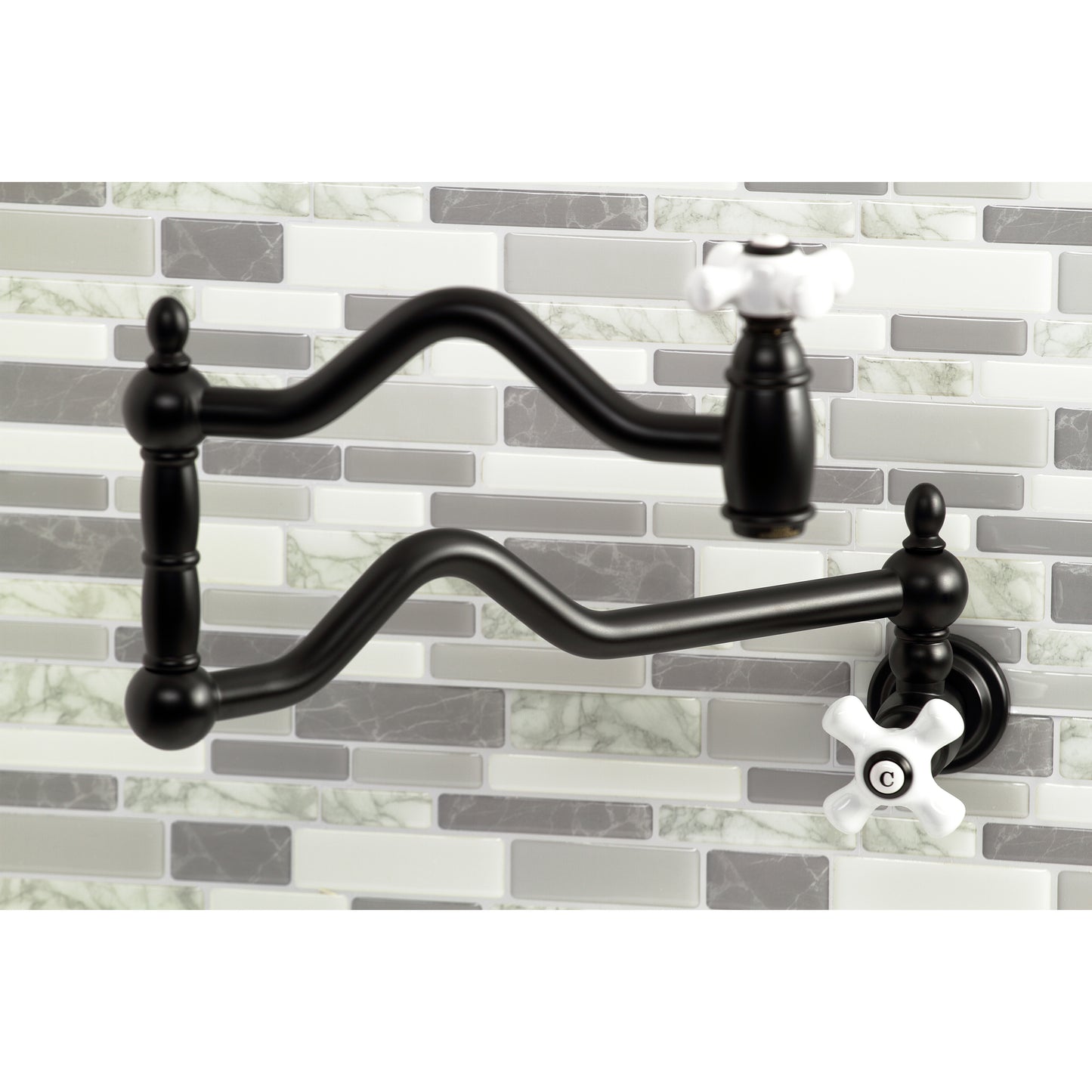 Kingston Brass KS2107PX Heritage Wall Mount Pot Filler Faucet, Brushed Brass with black finish and white knobs