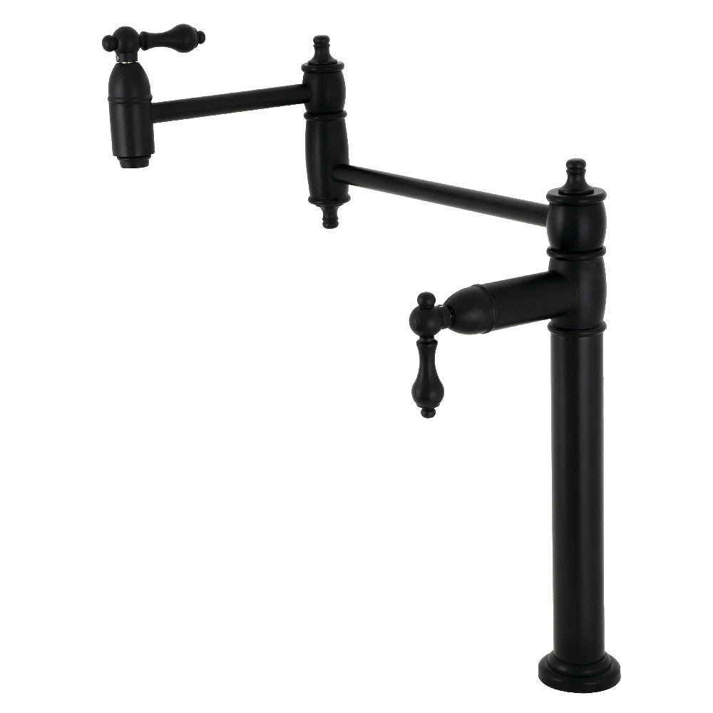 Kingston Brass KS3703AL Restoration Deck Mount Pot Filler Faucet, Antique Brass in matte black finish.