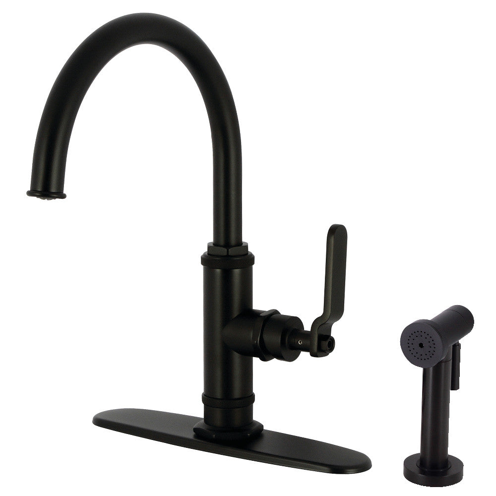 Kingston Brass KS2433KL Whitaker Single-Handle Kitchen Faucet with Brass Side Sprayer, Antique Brass in matte black finish.