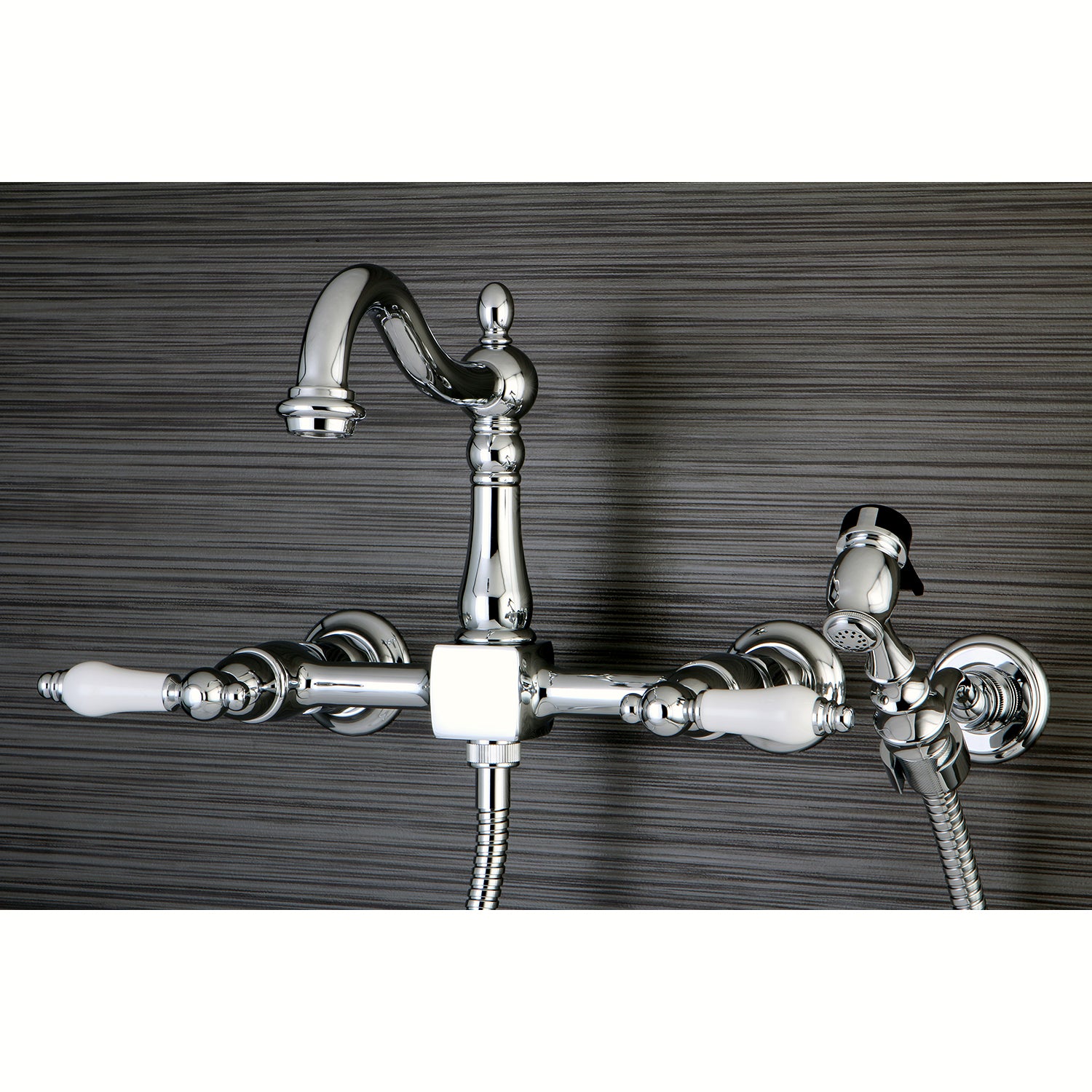 Kingston KS1263PLBS Heritage Two-Handle Wall Mount Bridge Kitchen Faucet with Brass Sprayer, Antique Brass