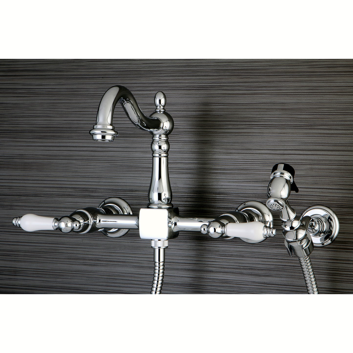 Kingston KS1263PLBS Heritage Two-Handle Wall Mount Bridge Kitchen Faucet with Brass Sprayer, Antique Brass