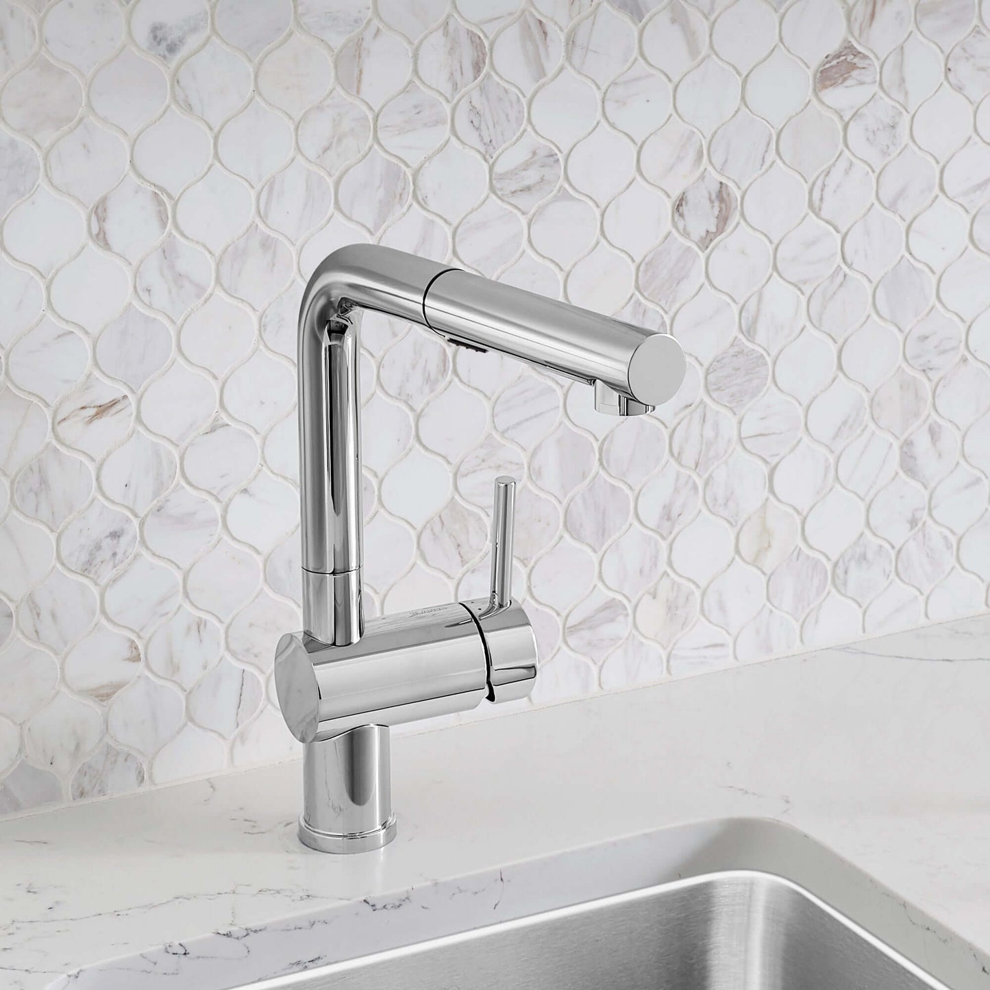 BLANCO Linus Low Arc Pull-Out Dual-Spray Kitchen Faucet - showing sleek low-profile design in modern kitchen.