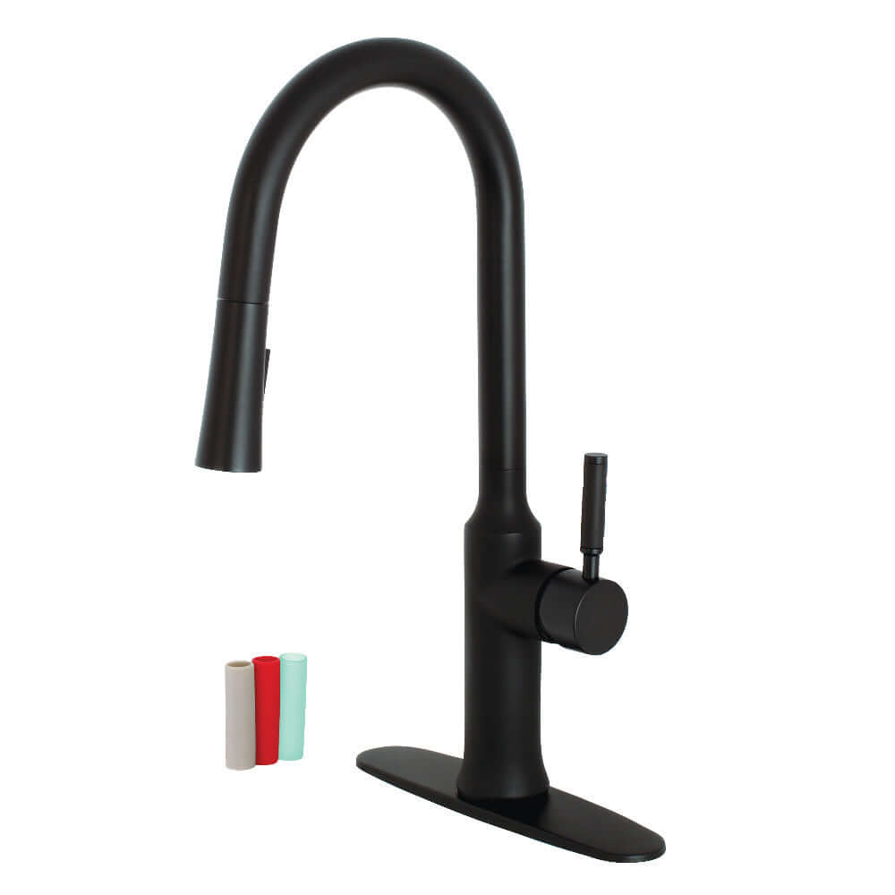 Gourmetier LS2723DKL Kaiser Single-Handle Pull-Down Kitchen Faucet, Brushed Brass with matte black finish and silicone handles