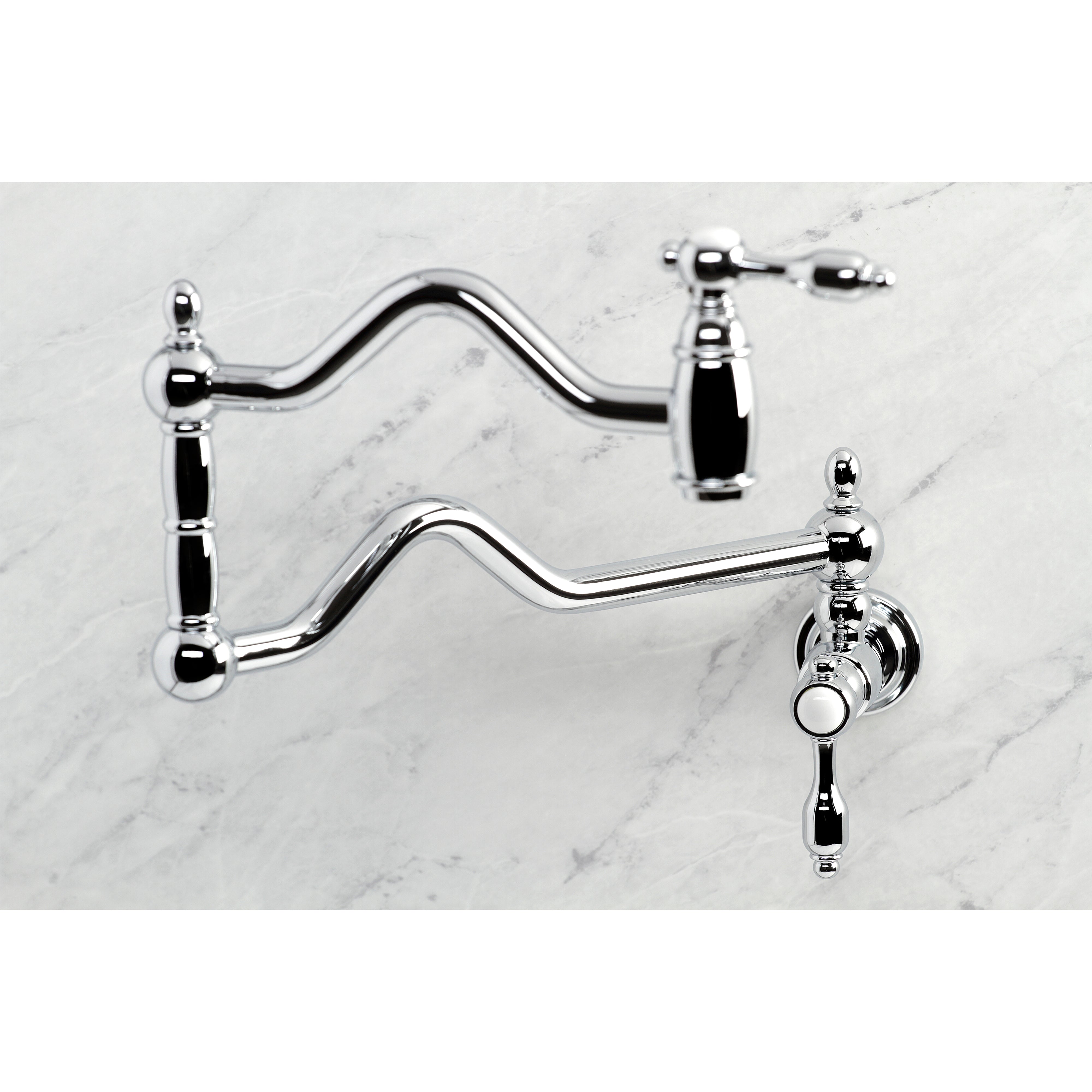 Kingston Brass KS2107TAL Tudor Wall Mount Pot Filler Faucet, Brushed Brass on marble background