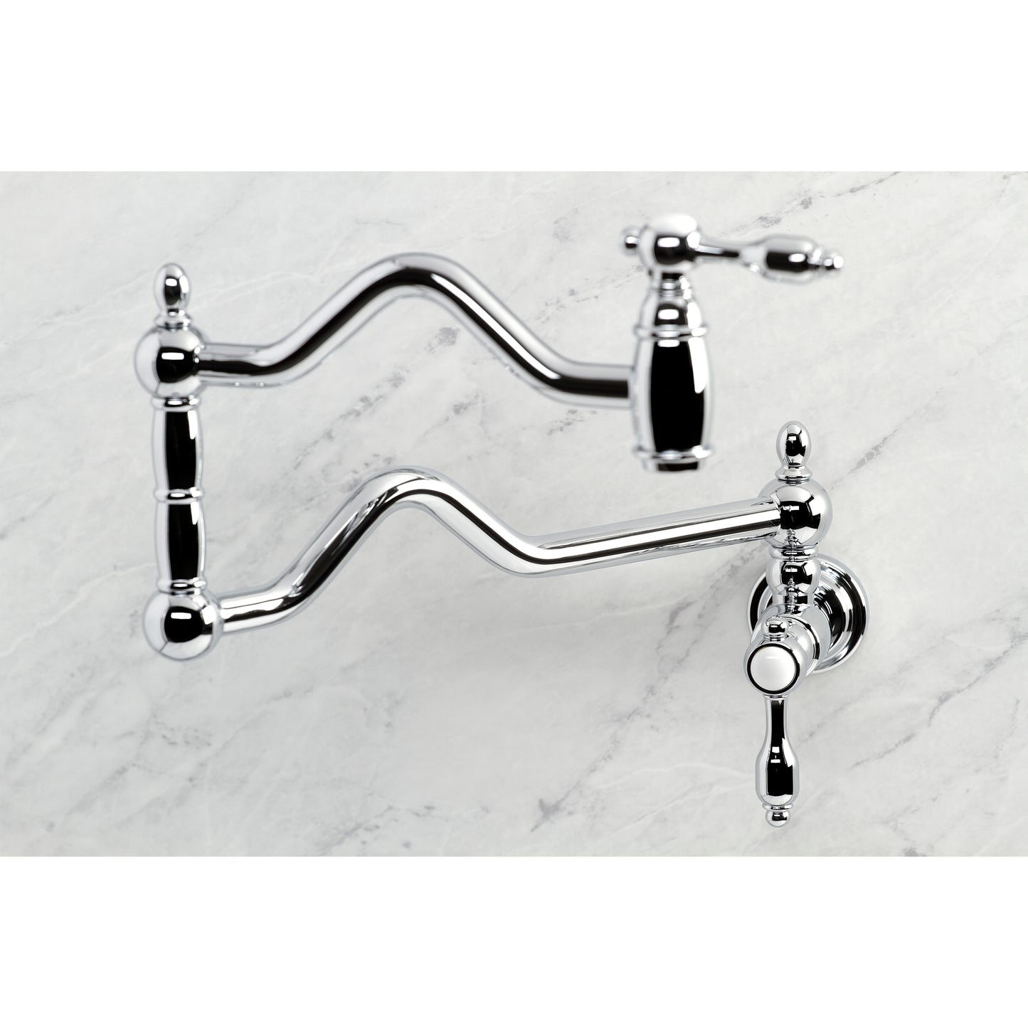 Kingston Brass KS2107TAL Tudor Wall Mount Pot Filler Faucet, Brushed Brass on marble background