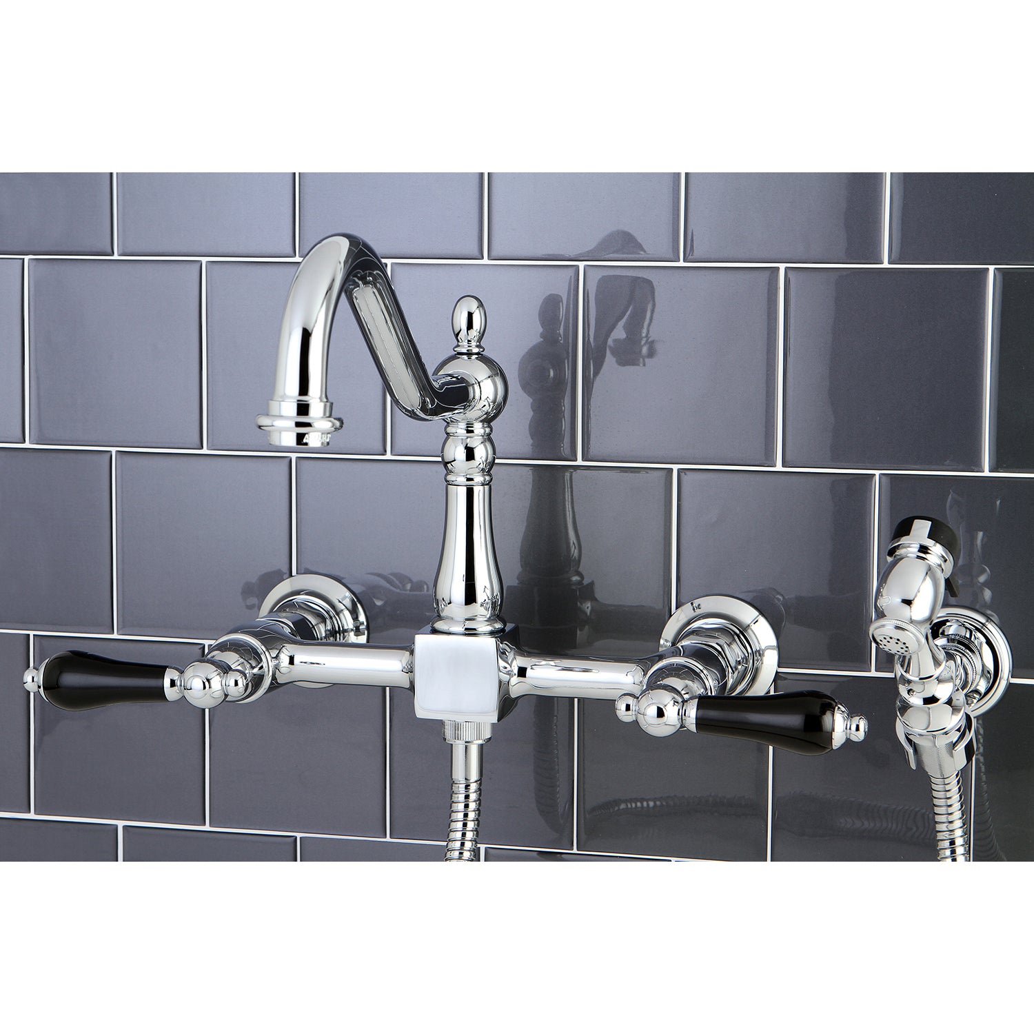 Kingston KS1243PKLBS Duchess Two-Handle Wall Mount Bridge Kitchen Faucet with Brass Sprayer, Antique Brass