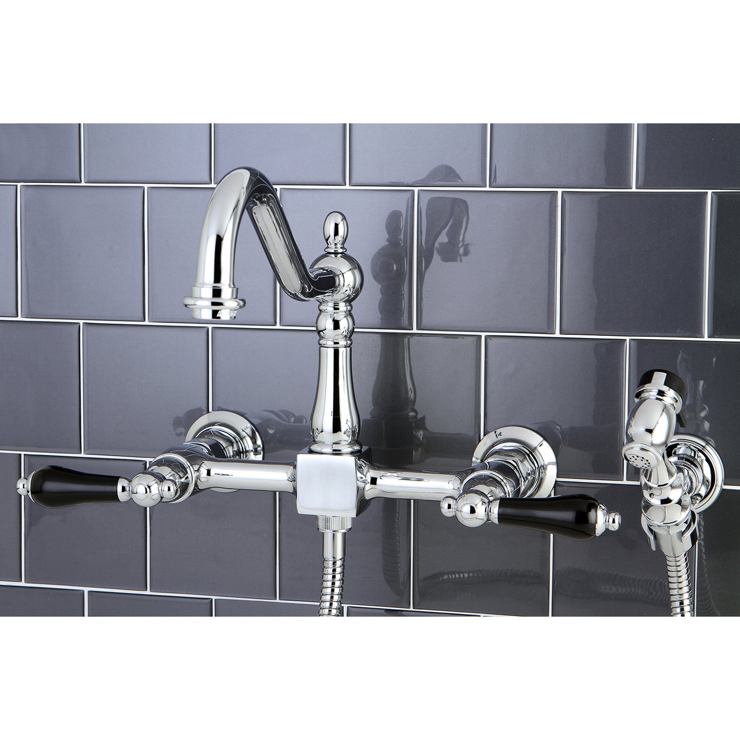 Kingston KS1243PKLBS Duchess Two-Handle Wall Mount Bridge Kitchen Faucet with Brass Sprayer, Antique Brass