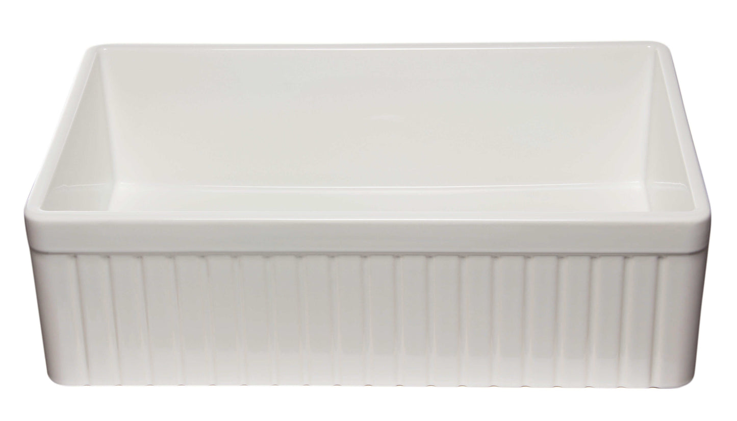 ALFI 33" White Single Bowl Fluted Apron Fireclay Farm Sink AB532-W in modern farmhouse kitchen style.