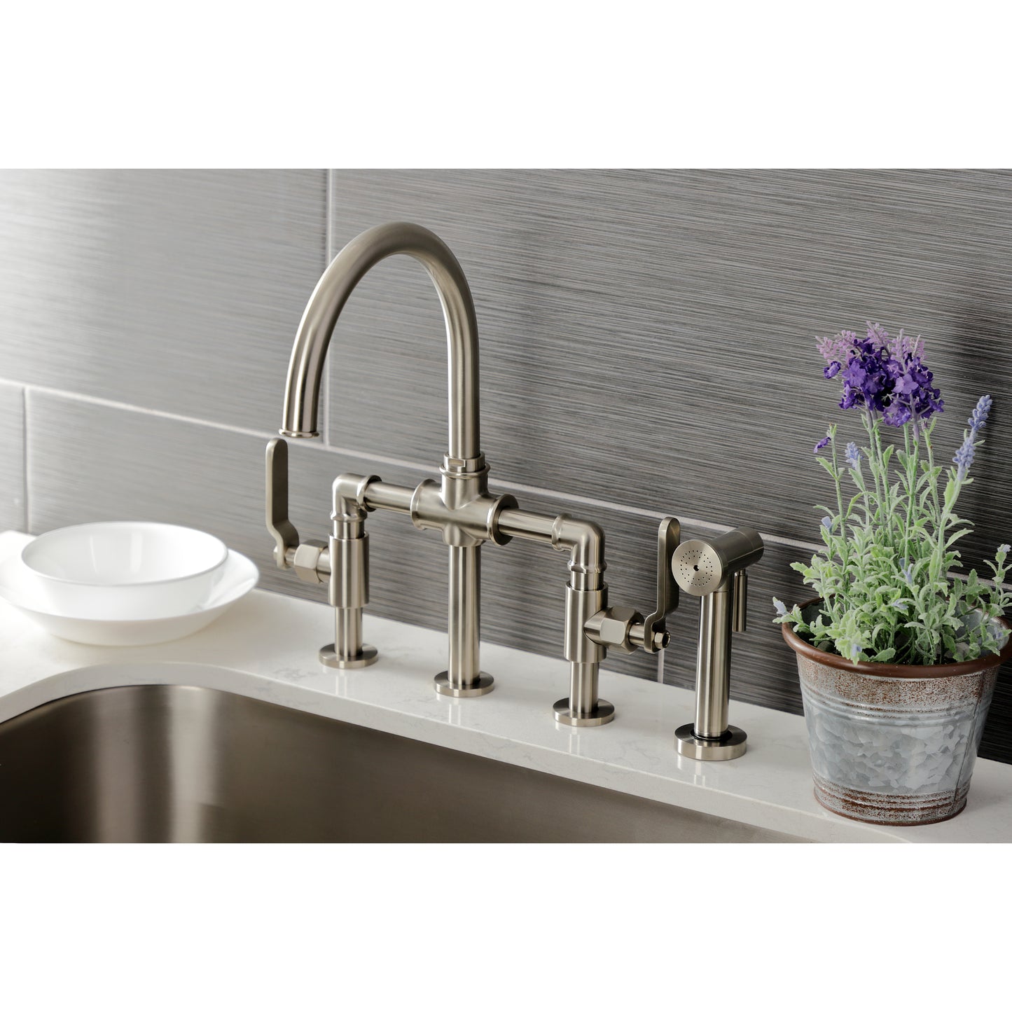 Kingston KS2333KL Whitaker Industrial Style Bridge Kitchen Faucet with Brass Sprayer, Antique Brass