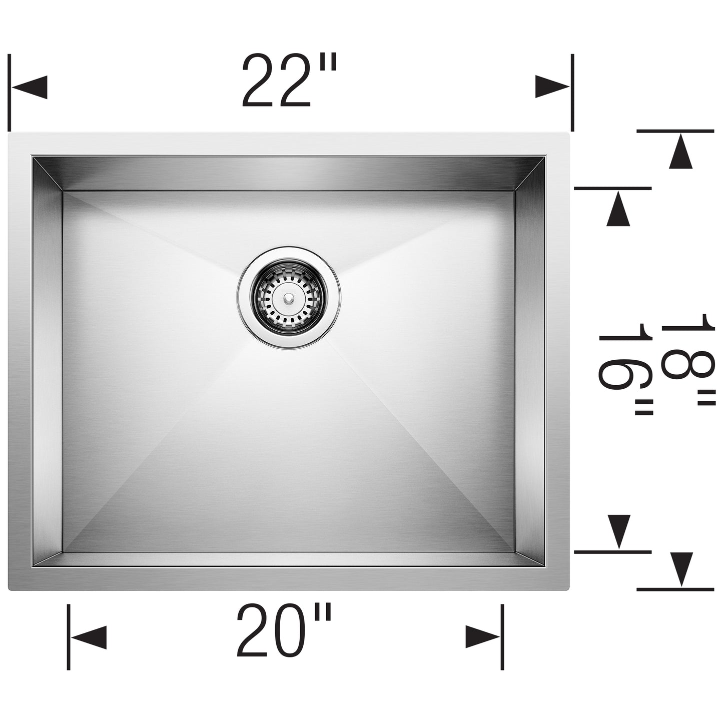 BLANCO Quatrus R0 22" Single Bowl Undermount Stainless Steel Kitchen Sink dimensions and design details