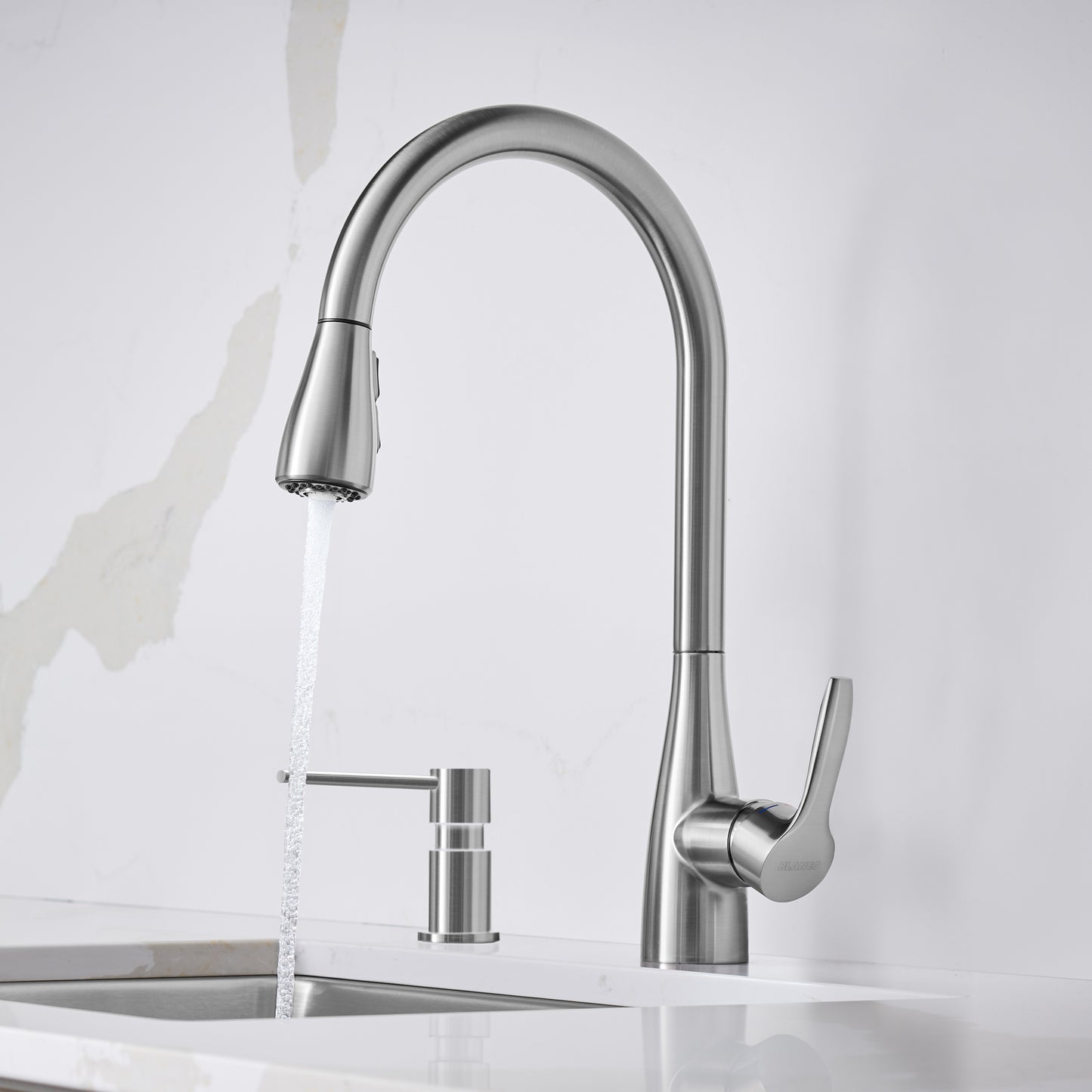 BLANCO Atura Pull-Down Dual-Spray Kitchen Faucet in stainless steel with high-arc spout and dual-spray feature.