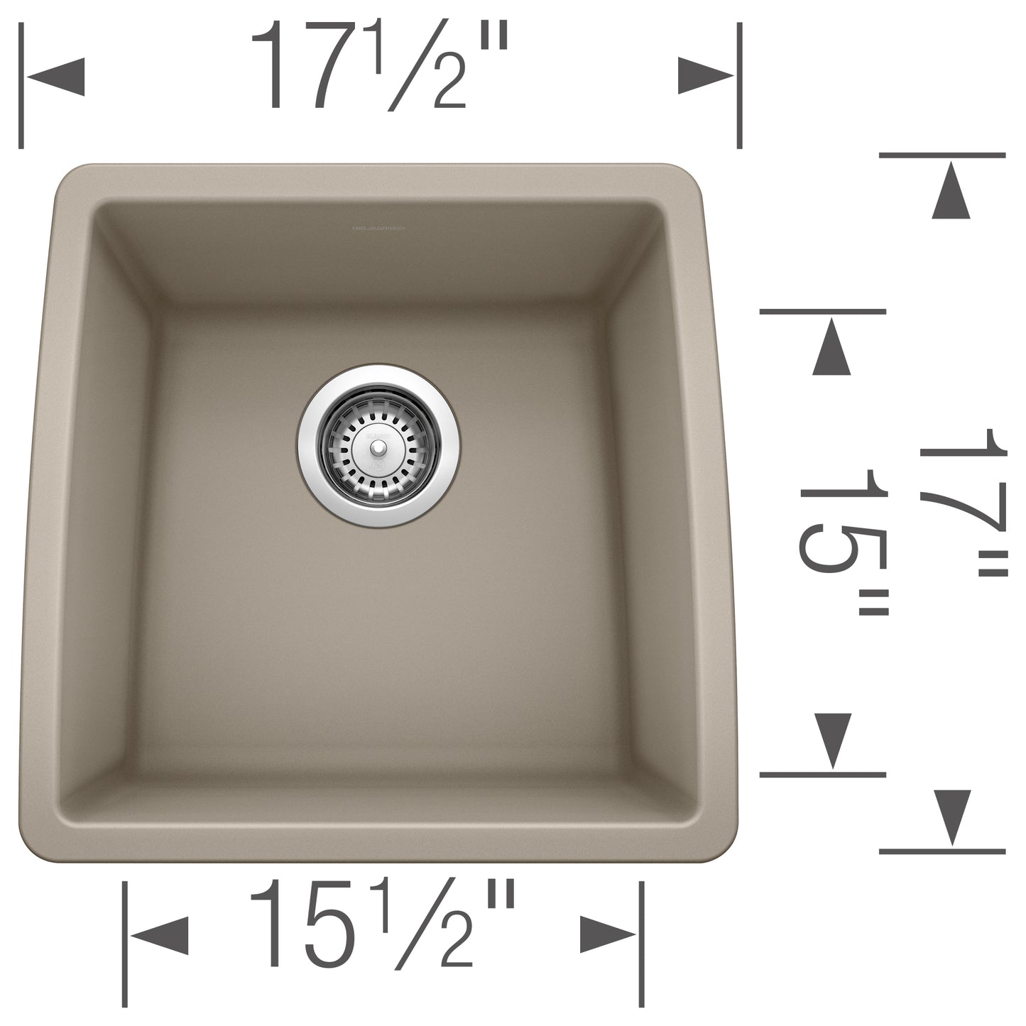 BLANCO Performa SILGRANIT 17" Undermount Bar Sink top view showing dimensions, including depth and width for bar and prep applications.