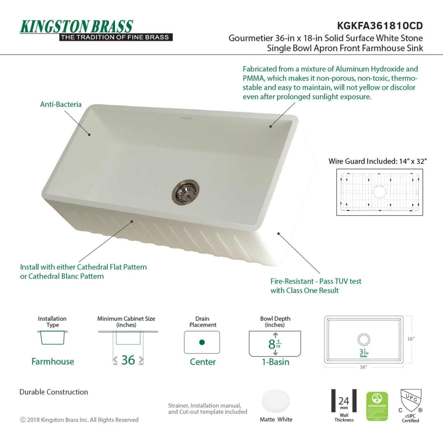 Kingston Brass 36" Apron Front Single Bowl Farmhouse Kitchen Sink - Solid Surface White Stone top view with drain and installation details.