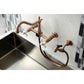 Kingston KS1243PXBS Heritage Two-Handle Wall Mount Bridge Kitchen Faucet with Brass Sprayer, Antique Brass