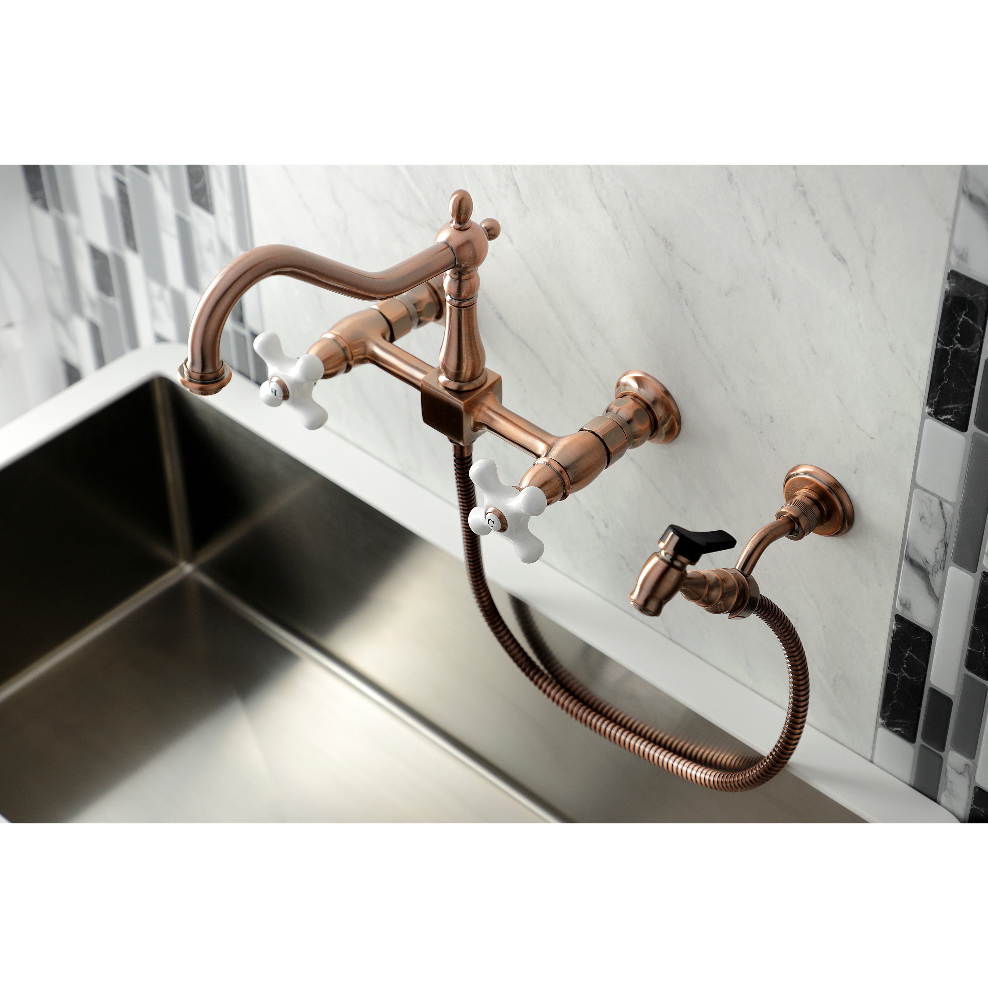 Kingston KS1243PXBS Heritage Two-Handle Wall Mount Bridge Kitchen Faucet with Brass Sprayer, Antique Brass