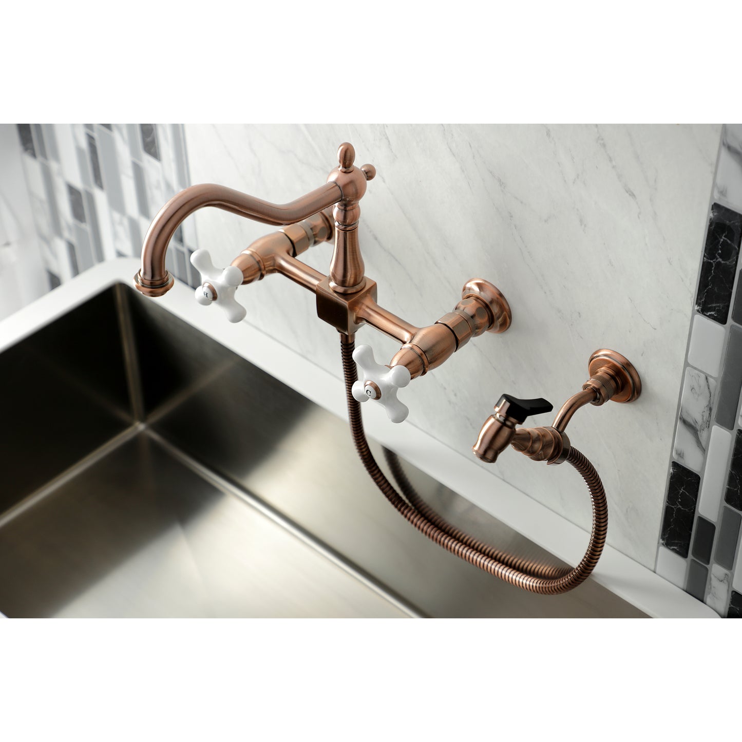 Kingston KS1243PXBS Heritage Two-Handle Wall Mount Bridge Kitchen Faucet with Brass Sprayer, Antique Brass