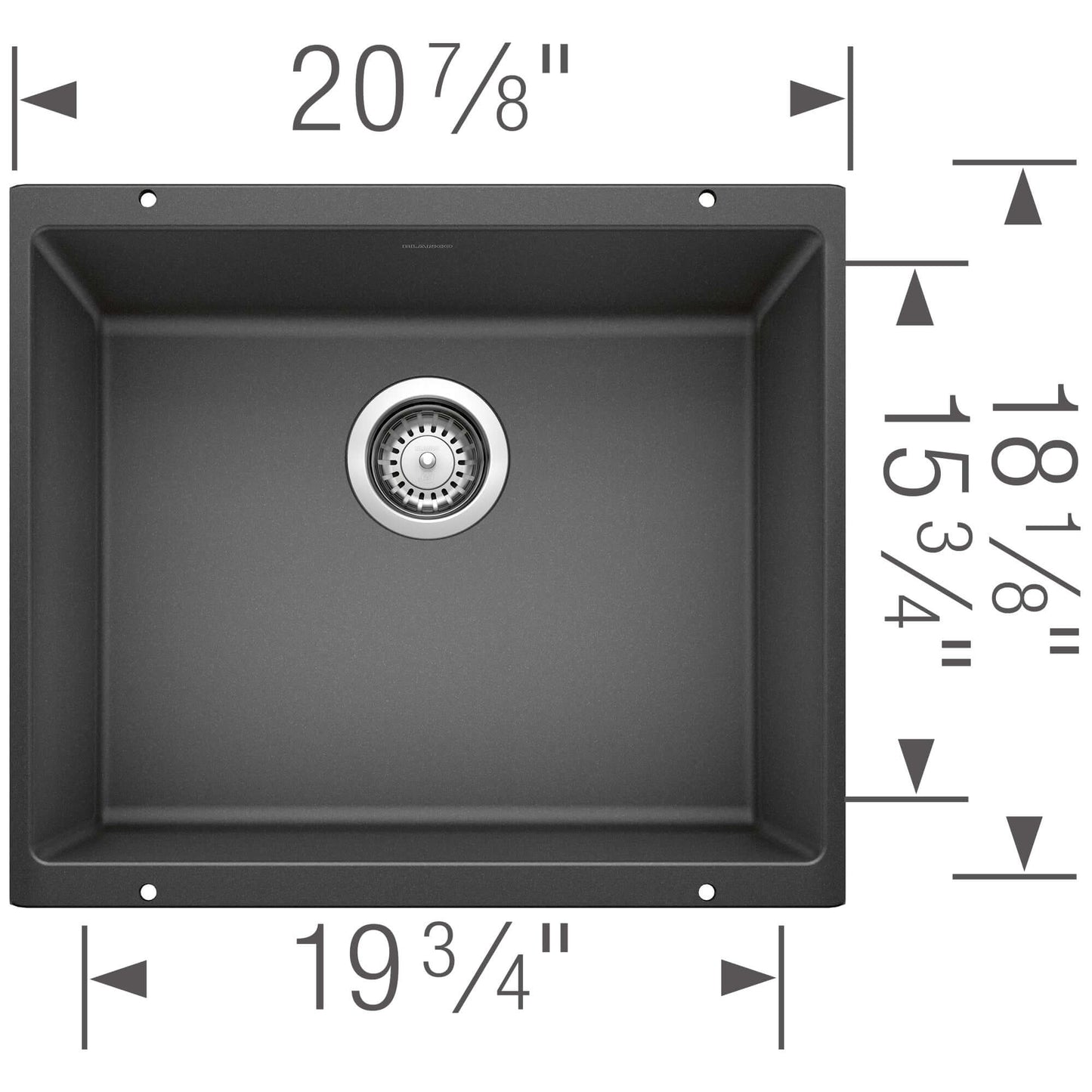 BLANCO Precis SILGRANIT 21" Single Bowl Undermount Kitchen Sink dimensions showing compact and functional design.