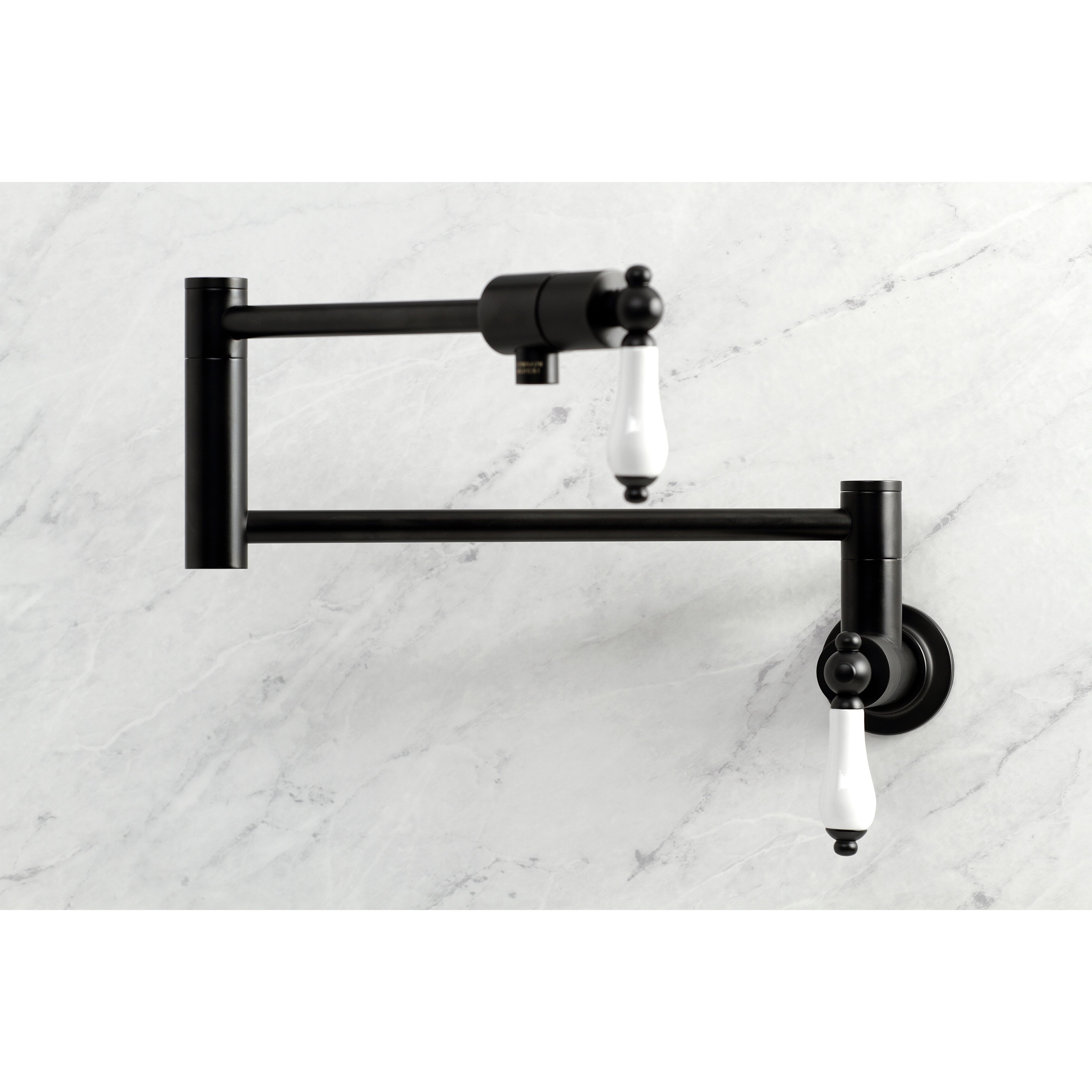 Kingston Brass KS4107PL Metropolitan Wall Mount Pot Filler Faucet, Brushed Brass in black finish with white handles