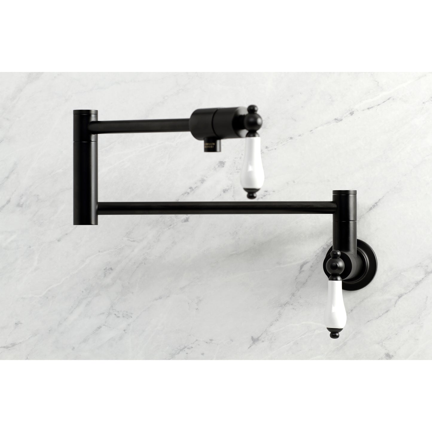 Kingston Brass KS4107PL Metropolitan Wall Mount Pot Filler Faucet, Brushed Brass in black finish with white handles