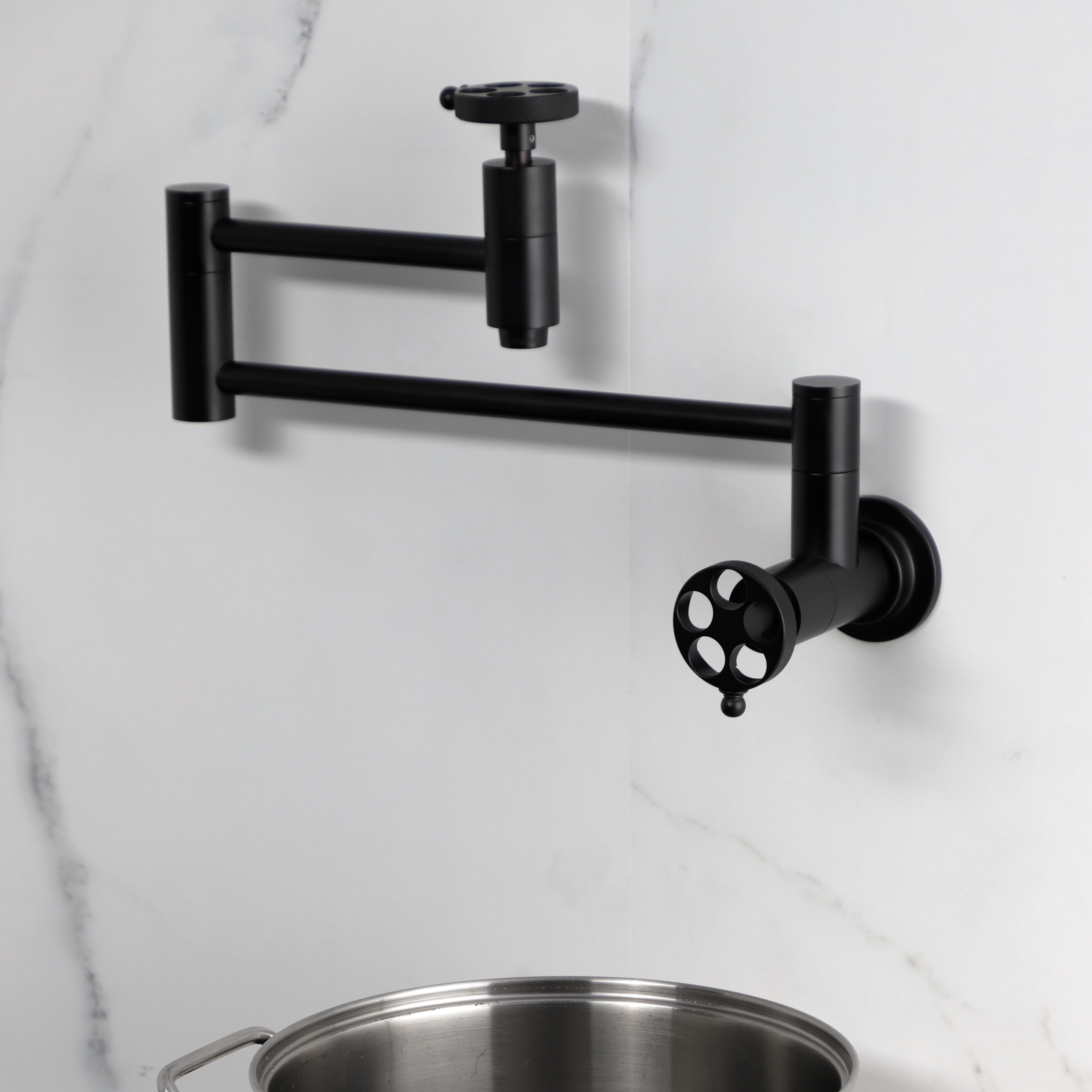 Kingston Brass KS8103RKZ Wendell Wall Mount Pot Filler Faucet with Knurled Handle, Antique Brass