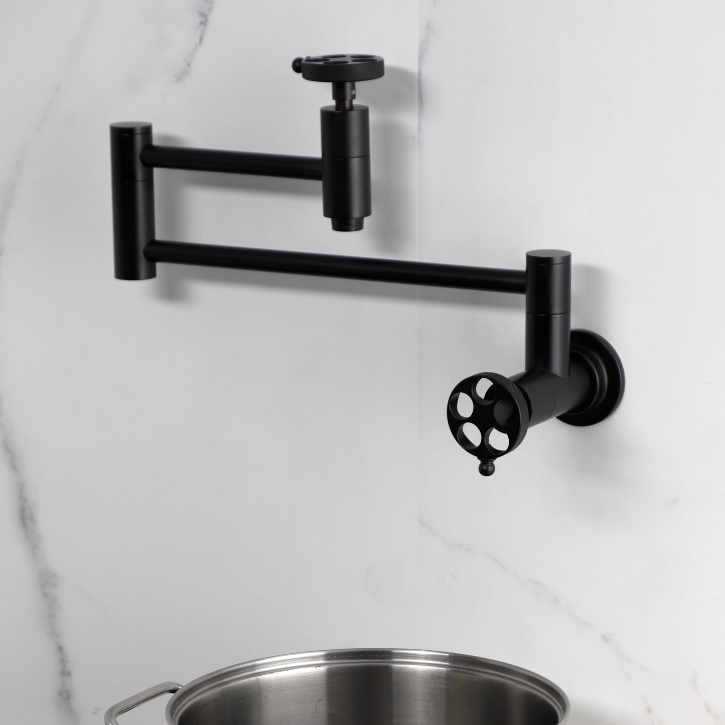 Kingston Brass KS8103RKZ Wendell Wall Mount Pot Filler Faucet with Knurled Handle, Antique Brass
