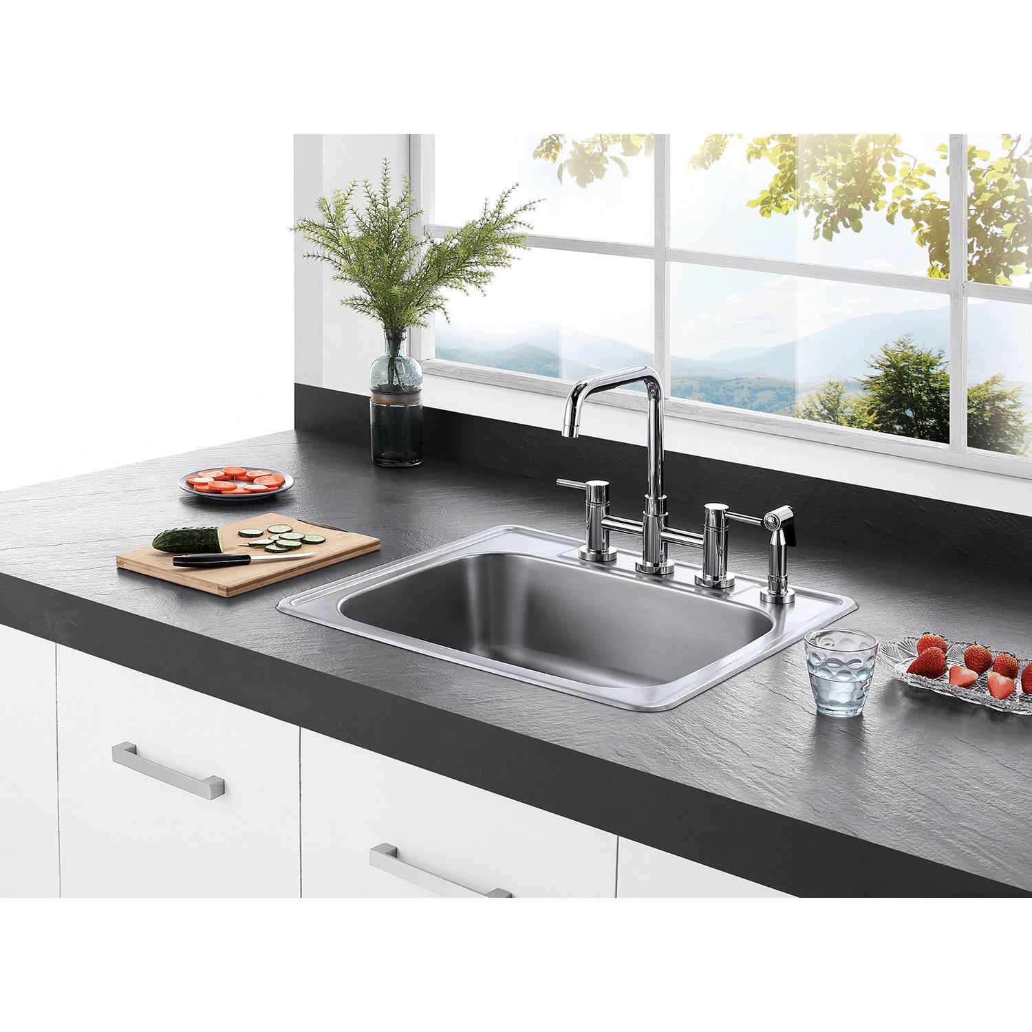 Kingston KS8287DLBS Concord Bridge Kitchen Faucet with Brass Sprayer, Brushed Brass installed in modern kitchen with sink.