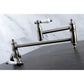 Kingston Brass KS3103PL Restoration Wall Mount Pot Filler Faucet, Antique Brass on a wooden countertop.