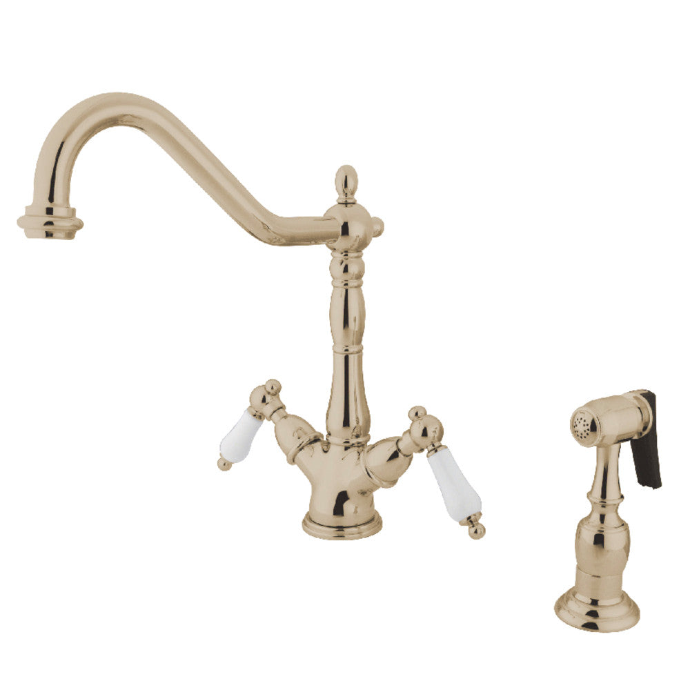Kingston KS1238PLBS Heritage Two-Handle Kitchen Faucet with Brass Sprayer, Brushed Nickel