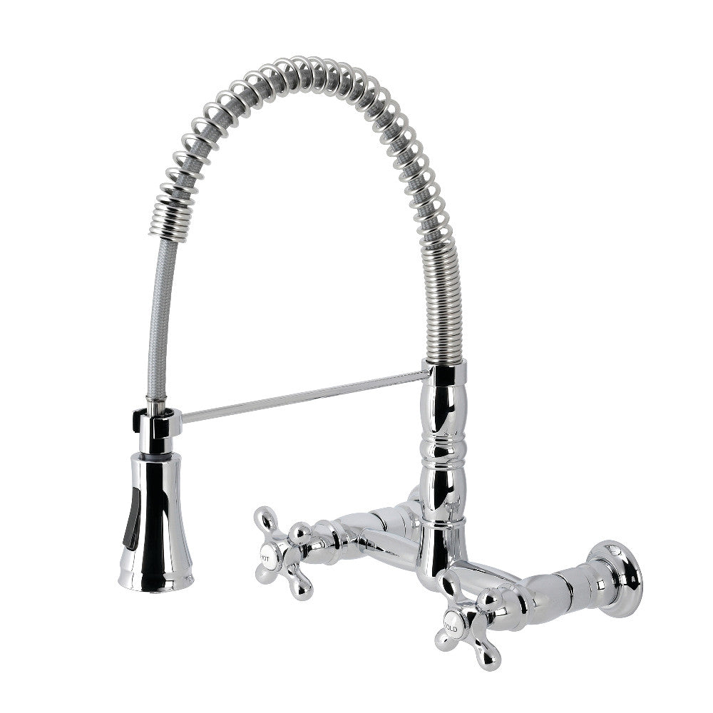 Gourmetier GS1243AX Heritage Double-Handle Wall-Mount Pre-Rinse Bridge Kitchen Faucet, Antique Brass in Chrome finish
