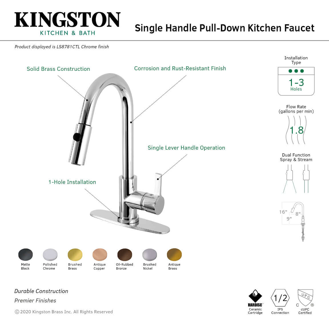 Kingston Brass LS8783CTL Continental Pull-Down Kitchen Faucet in chrome finish, showcasing single handle operation and high-arc design.