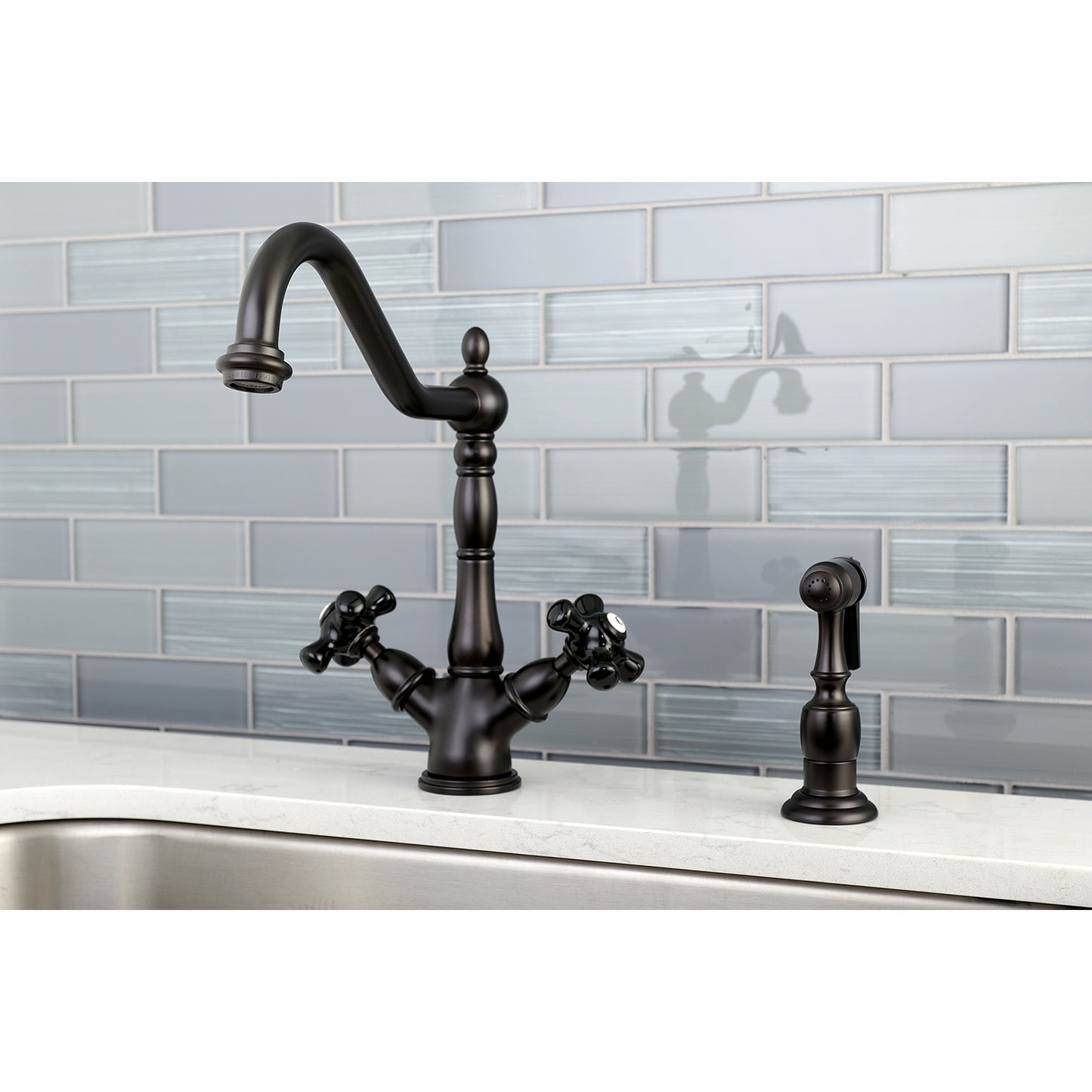 Kingston KS1238PKXBS Duchess Two-Handle Kitchen Faucet with Brass Sprayer, Brushed Nickel in black finish